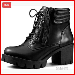 Round Toe Chunky Heel Combat Boots with Lace Up and Side Zipper